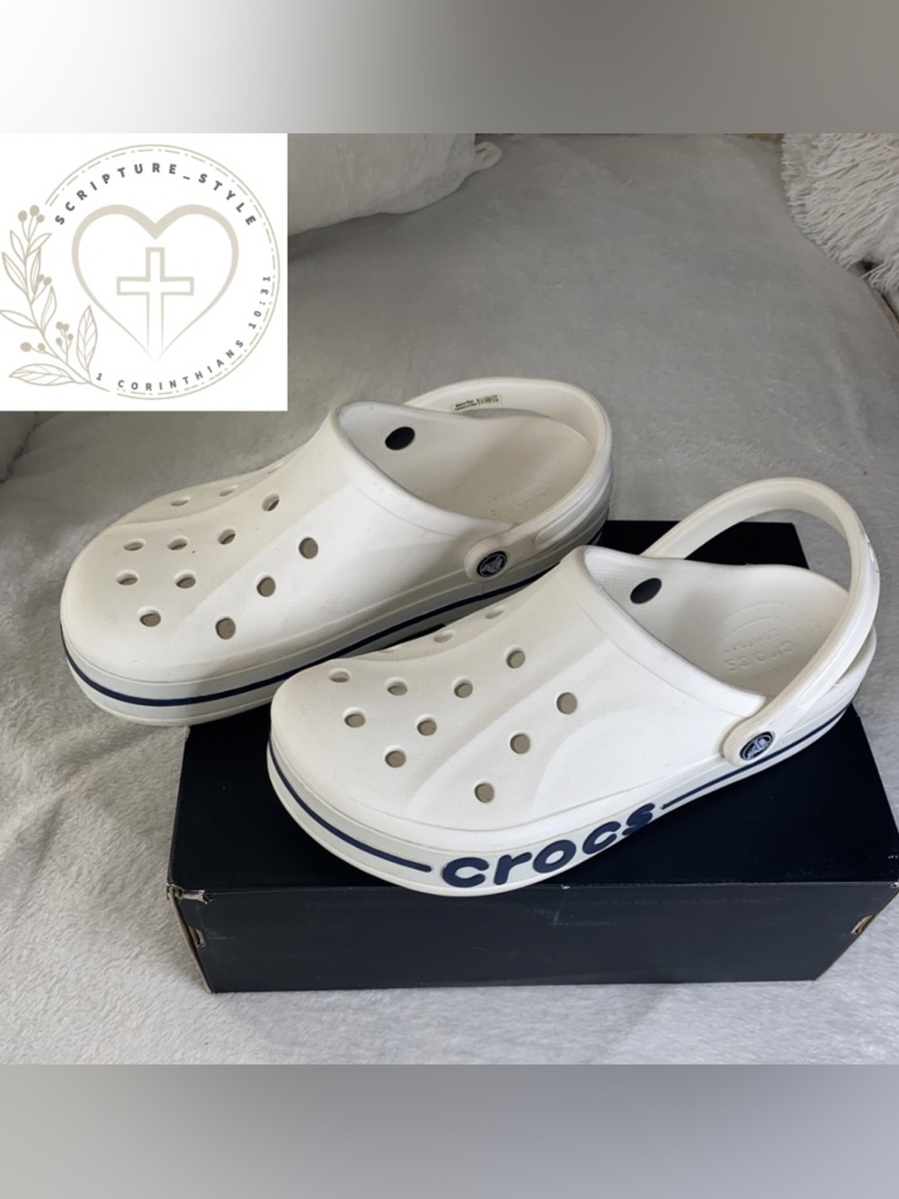 CROCS Kids White Clog with Navy Logo Stripe
